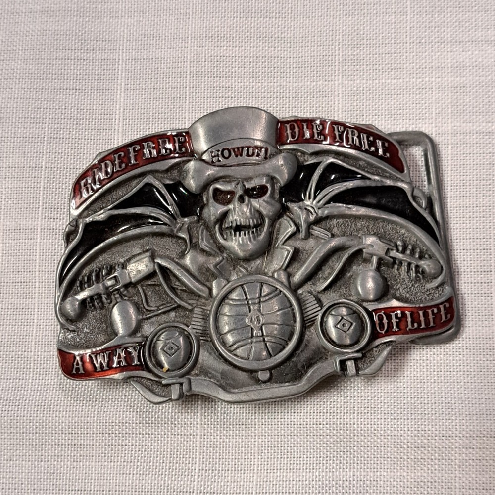 Biker Motorcycle Belt Buckle Howdy Skull Ride Free 3in