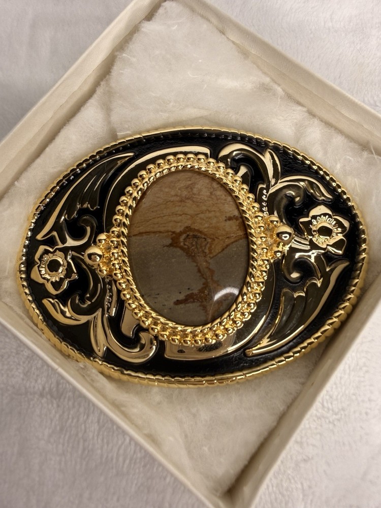 Vintage Western Belt Buckle Silver & Gold Tone Polished Leopard Jasper Stone USA