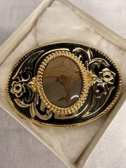 Vintage Western Belt Buckle Silver & Gold Tone Polished Leopard Jasper Stone USA