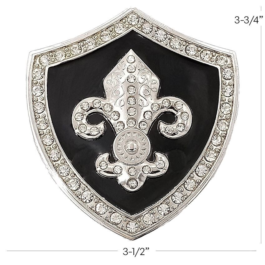 Silver and Black FLEUR DE LIS 3D Shiled Metal Belt Buckle w/ Rhinestones Saints