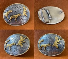 Dogs and Birds Hunting Trophy Western Style Silver and Gold Plate Belt Buckle