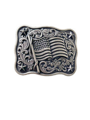 Nocona Mens Belt Buckle 3.75 x 3 in US Flag Star Western Matte Black Silver 1.5