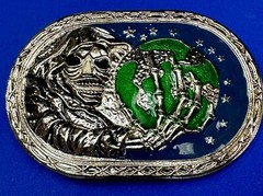 Skull Face Holding The Earth Grim Reaper Silver Green Gothic Biker Belt Buckle