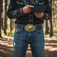 Men Antique Gold Metal Western Belt Buckle Cowboy Hat Turquoise Blue Color Beads