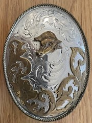 Horse Cowboy large belt buckle Alpaca Mexico 4.5&Prime; x 3.25&Prime; Rodeo Country