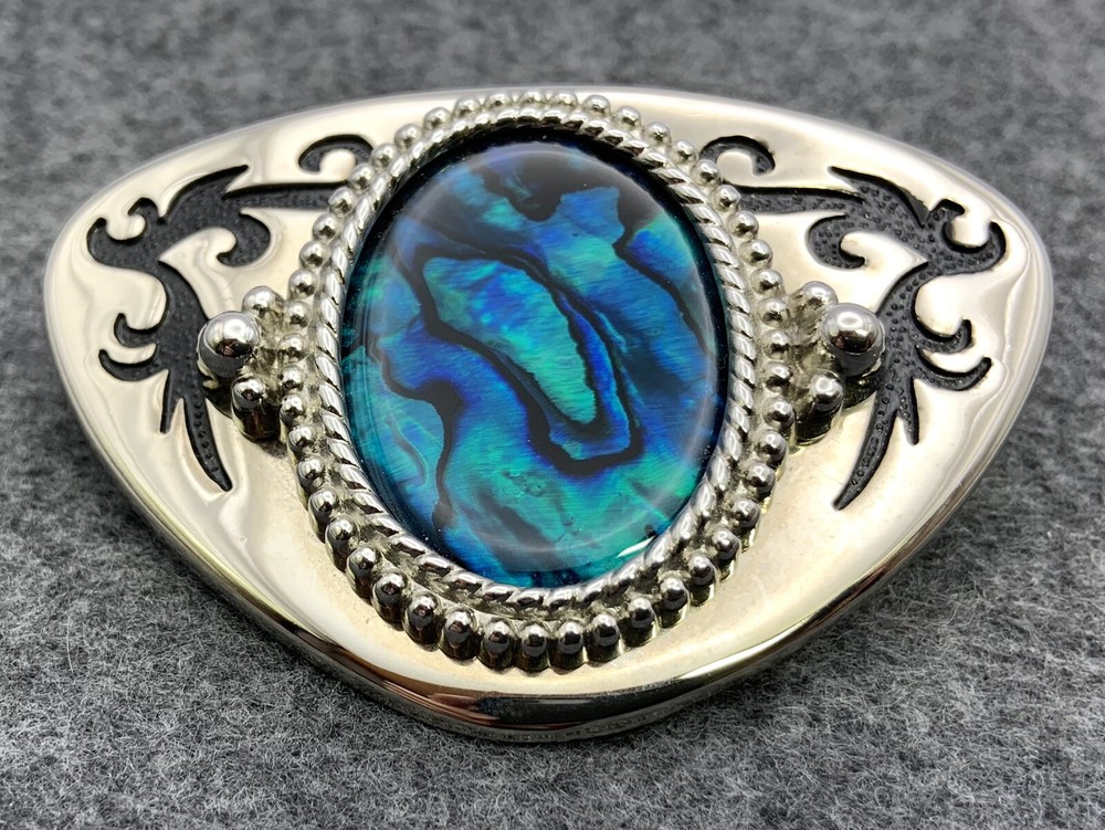 Polished Blue Abalone Shell Silver Metal Belt Buckle Southwest 3 1/2”