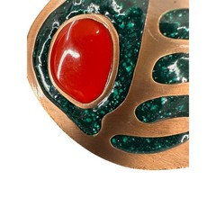 Vtg 1992 C+J Inc Bear Paw Belt Buckle Green Inlay Red Stone CJ1581 USA Bronze