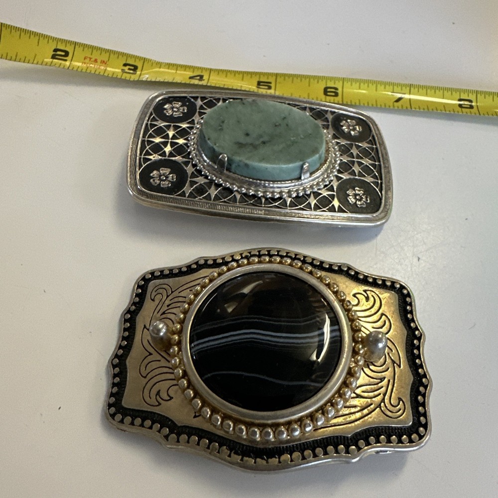2 Vintage Gemstone Belt Buckles Polished Stone Inlay Western