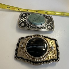 2 Vintage Gemstone Belt Buckles Polished Stone Inlay Western