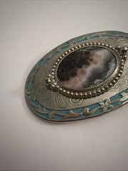 Southwestern Stone Belt Buckle Oval Floral Agate Western Silvertone