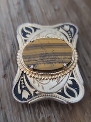 Vintage Brown Tiger Eye Country Western Mens Cowboy Belt Buckle 3&Prime; Gold Tone VGC