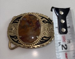 Vintage Gold Tone Western Belt Buckle Natural Polished Stone Center 3&Prime;×2&Prime;