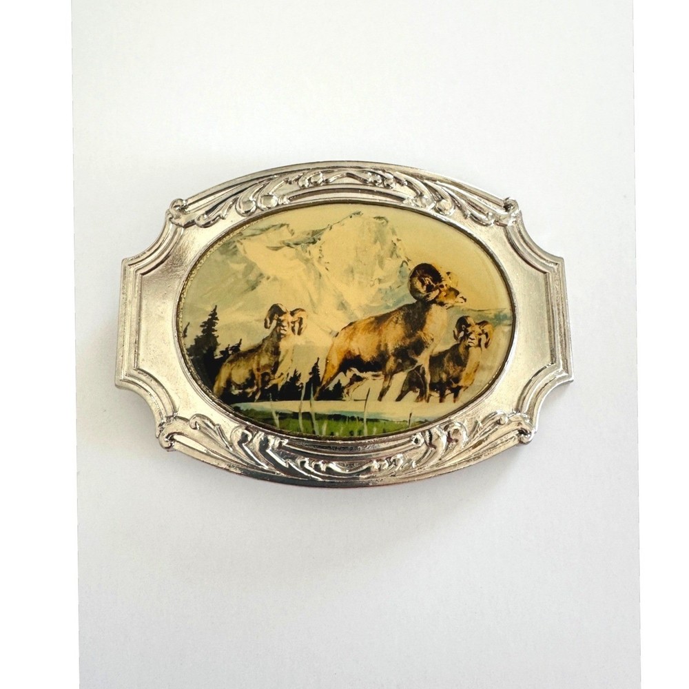 Century Canada Vintage Bighorn Sheep Mountain Scene Silver Tone Belt Buckle