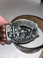I&rsquo;d Rather Be Fishing Belt Buckle Silver Enamel Inlay With Brown Leather Belt 32