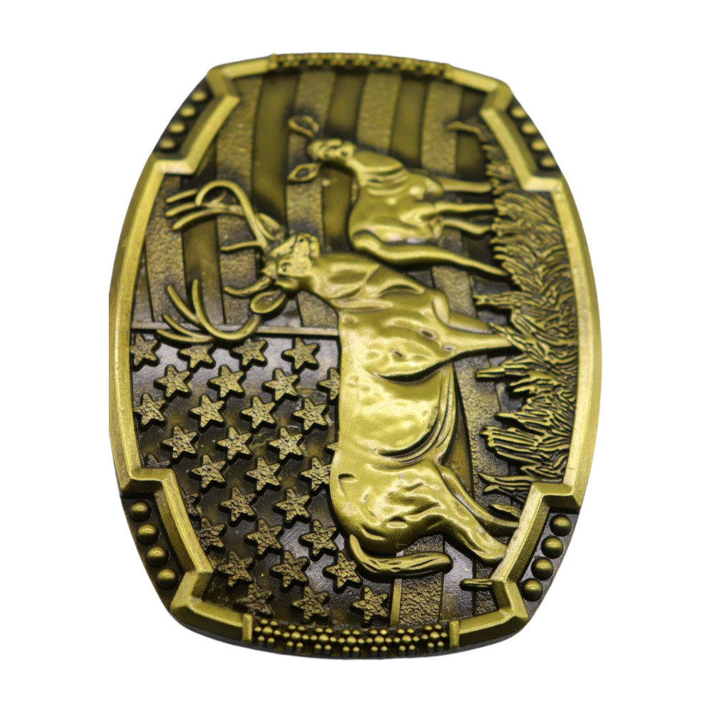 New Men Women Antique Gold Metal Belt Buckle Deer Nature Hunter Western USA Flag