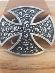 Vintage Anchor Blue Iron Cross Belt Buckle Silver Biker Goth Punk Skulls 3D Y2k