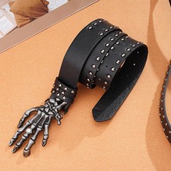 Gothic Punk Skull Head Leather Buckle Belt Metal Skeleton Waist Band