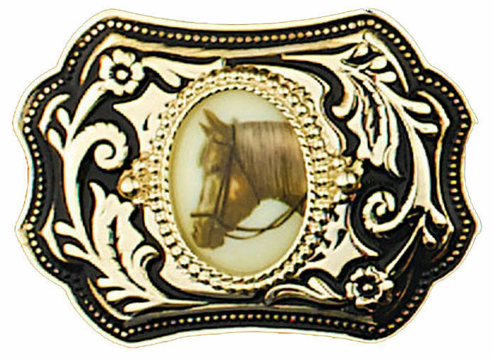 Black and Gold Horsehead BELT BUCKLE 3-1/2 x 2-3/4