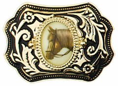 Black and Gold Horsehead BELT BUCKLE 3-1/2 x 2-3/4