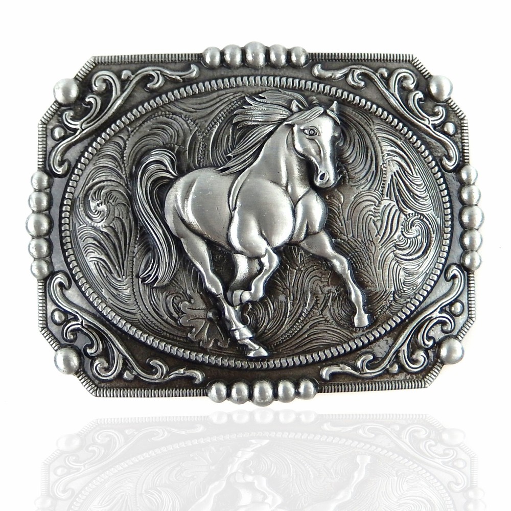 Unisex Western Horse Tooled Floral Belt Buckle Antique Silver Fits 1.5&Prime; Belts
