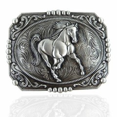 Unisex Western Horse Tooled Floral Belt Buckle Antique Silver Fits 1.5&Prime; Belts