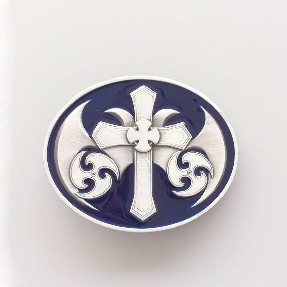 Celtic Christian Cross Blue Enamel Metal Belt Buckle