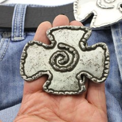 Medieval Style Metal Cross Belt Buckle with Spiral Motif V. Antique Silver