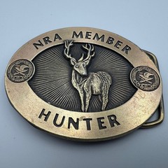 Vintage NRA Member Hunter Belt Buckle Brass Tone Deer Buck Wildlife Logo Oval