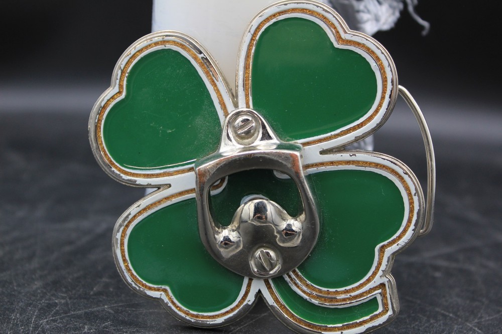 Lucky Four Leaf Clover Shamrock Green Silver Novelty Bottle Opener & Belt Buckle