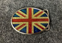 BELT BUCKLE, BRITISH UNION JACK FLAG, GLITTER ENAMEL (OVAL SHAPE, 3&Prime; X 2.5&Prime;)