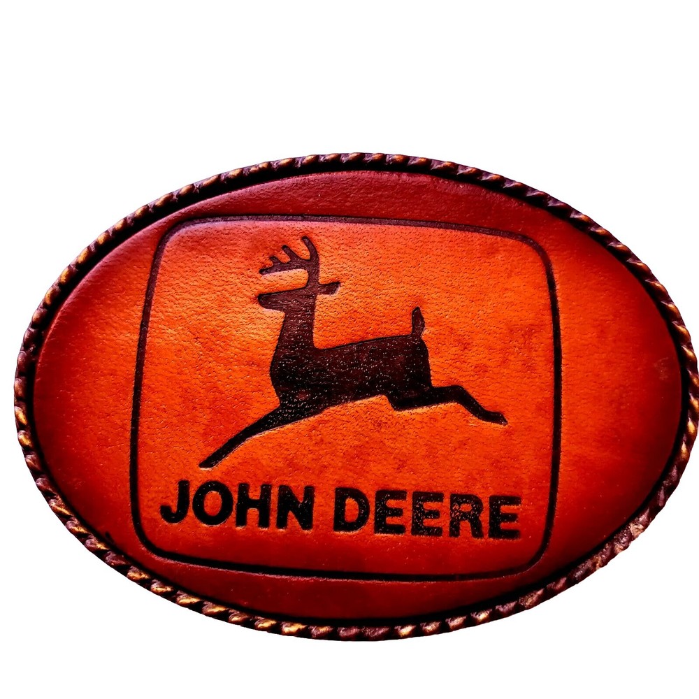 John Deere Leather Brass Leaping Deer Logo Cast Belt Buckle Hunting Rockabilly