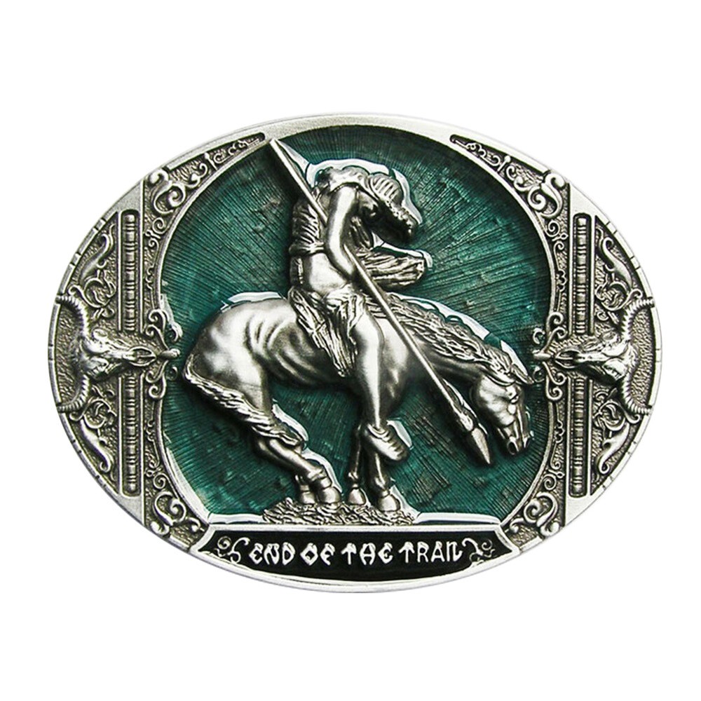End of Trail American Indian on Horse Western Green Enamel Belt Buckle