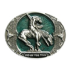 End of Trail American Indian on Horse Western Green Enamel Belt Buckle