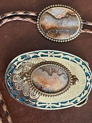 Vintage Southwestern Agate Stone Bolo Tie & Belt Buckle Set Gold Tone ZB-003