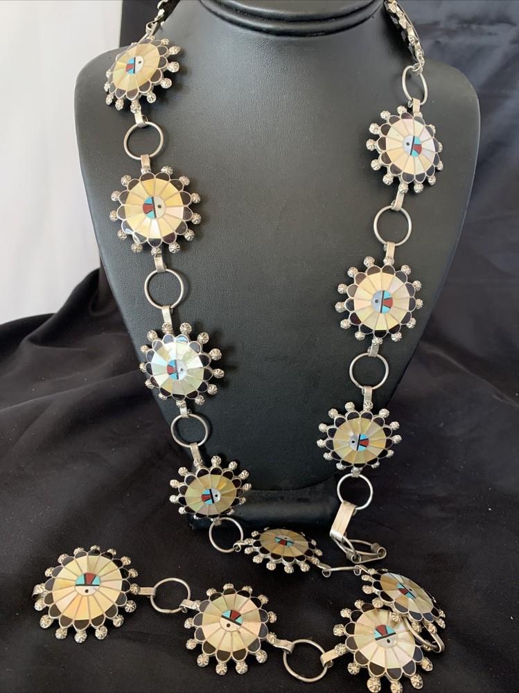 Turquoise & Onyx Zuni Sterling Silver Sun Face Inlay Old Pawn Belt 40&Prime; 12109