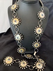 Turquoise & Onyx Zuni Sterling Silver Sun Face Inlay Old Pawn Belt 40&Prime; 12109