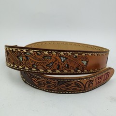 Vintage Tooled Western Leather Name Belt Gary GWB Mother of Pearl Inlay Size 38&Prime;