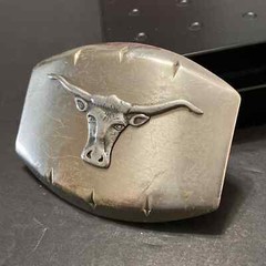 Vintage JUSTIN Nickel Silver Texas Longhorn Steer Cattle Bull Rodeo Belt Buckle