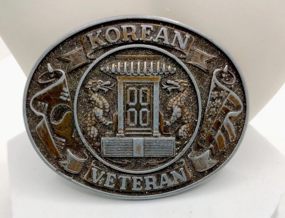 VTG Korean War Veteran Belt Buckle Dragons Flags USA Patriotic Cold War Temple