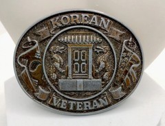VTG Korean War Veteran Belt Buckle Dragons Flags USA Patriotic Cold War Temple