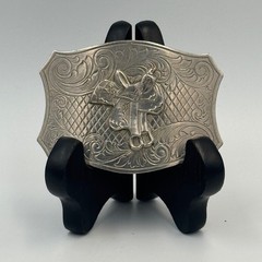 Vintage Western Horse Saddle Belt Buckle Solid Brass Silver Tone Engraved Floral