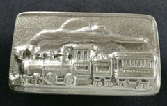 TRAIN STEAM ENGINE AMERICAN LOCOMOTIVE SUN CLOUDS CAR TENDER BELT BUCKLE