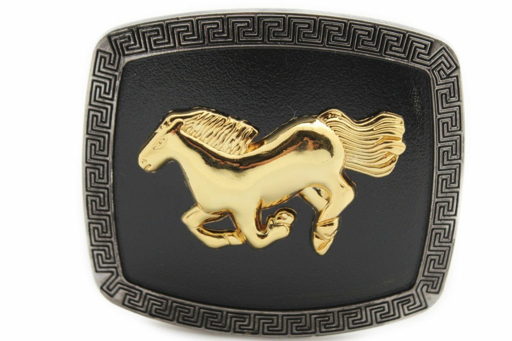 Men Casual Look Western Belt Buckle Silver Metal Square Gold Rodeo Horse Black
