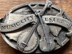 Vintage NASHVILLE MUSIC CITY USA metal Belt Buckle Pewter Banjo Fiddle Country