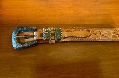 Mexico Silver Gold Overlay Engraved Flower Ranger Buckle Brown Tooled Belt 36&Prime;