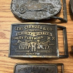 5 Vintage Brass Belt Buckles Levi’s Chevrolet Strohs Semi Trucking Made In USA