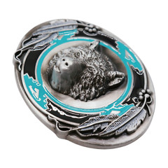 Men Western Belt Buckle Silver Metal Bear Hunter Oval Shape Feather Black Blue