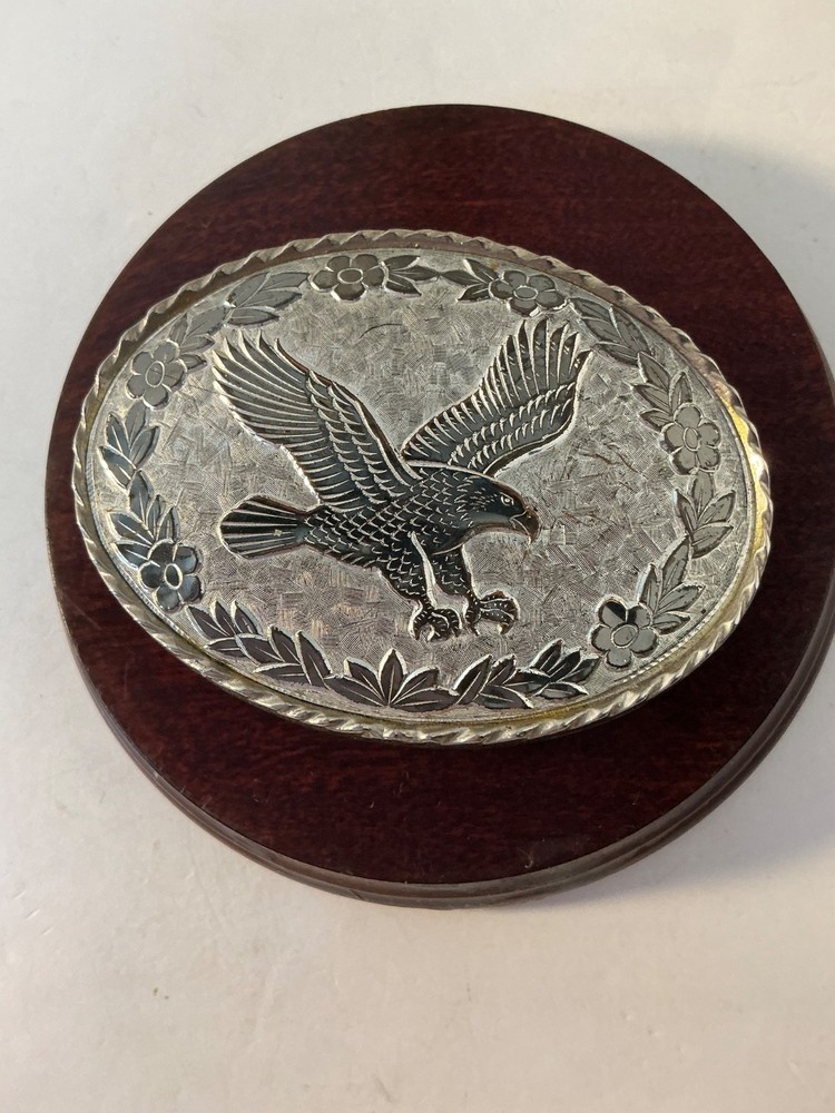 Vintage American Flying Eagle Oval Belt Buckle Etched Leaf USA Made Silver Tone