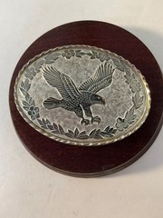 Vintage American Flying Eagle Oval Belt Buckle Etched Leaf USA Made Silver Tone
