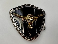 Long Horn Bull Steer Cow Black Stripe On Reflective Shield Pattern Belt Buckle